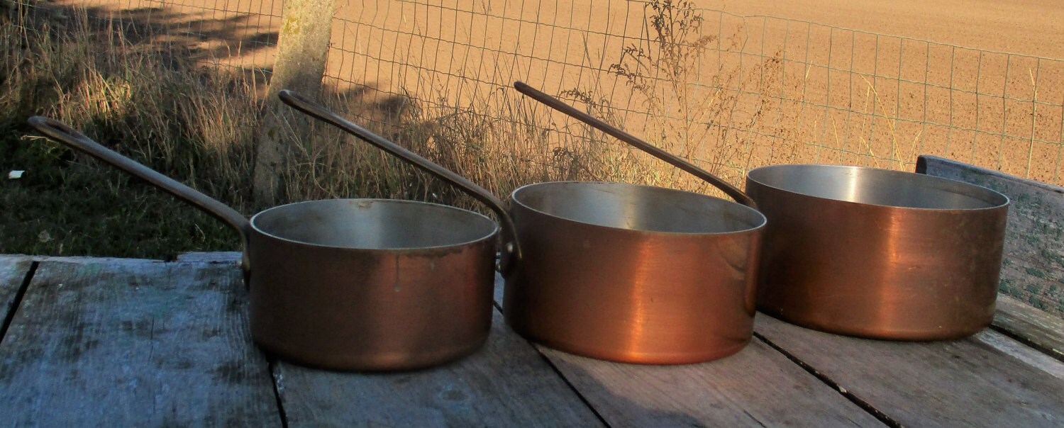 French Vintage set of 4 Small Red Copper Frying Sauce Pan Skillets  Decorative - Collectors in the House