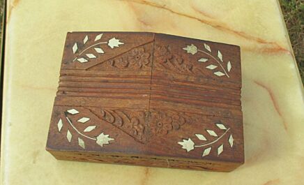 Vintage Carved Wood Inlay Jewelry Trinket Tobacco Box