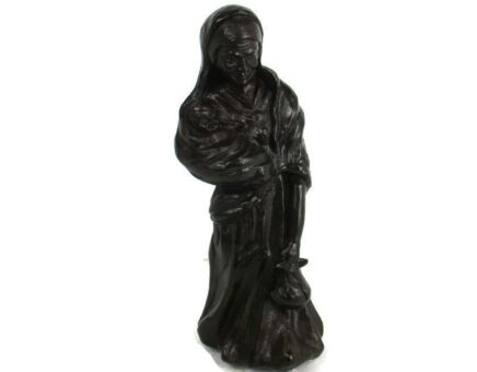 Statue Terracotta Brown Pain Wood Look Old Woman carrying Baby XL