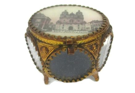 Brass Ornate  Glass Relic Jewelry Box Gorgeous Saint Hubert Church