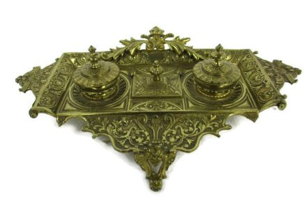 Gorgeous Vintage Brass Double Inkwell Ornate Pen Holder Ornate Ornate