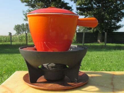 Vintage Le Creuset Fondue Set France Orange Dutch Oven French Authentic Teak