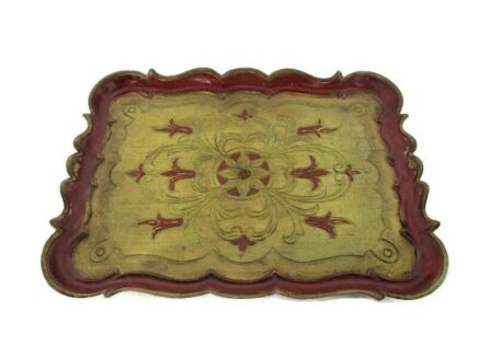 Large Mid Century Italy Hollywood Regency Florentine Serving Tray Red Tulips Gold Resin Decoration Ornate