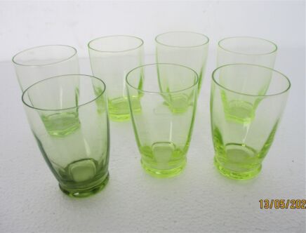 7 antique art nouveau small glasses Green Yellow Swirled Glass Antique Lovely