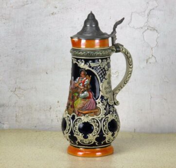 L Vintage German Beer Stein Marked Eckhard and Engler Pewter Lid Nach des Tages