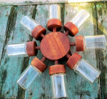 Mid Century Teak Spice Rack Wheel Rotating Digsmed Denmark Retro Marked 8 jars