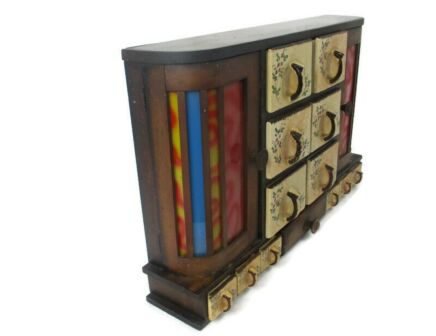 Art Deco Nouveau  Kitchen Spice Rack Cabinet pop art Herbs Spices  Jars Colored glass Very Rare