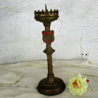 Small Candle Holder Candlestick Church Altar Twisted Stem Shield Brass Religious