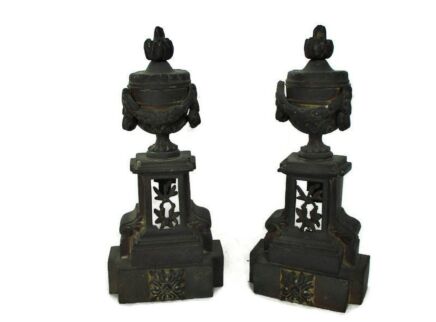 2 piece Garniture Mantle Set Bronze Ornated Chimney Lining Andirons Heavy Decorative