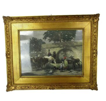 Antique Gorgeous Litho Horses Cows Water Trough Ornate Frame Wood Plaster