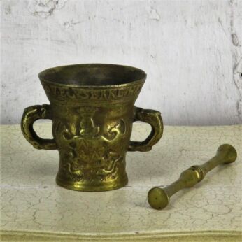 Gothic Antique Vintage Brass Mortar and Pestle Ornate Phoenix Shield Apothecary