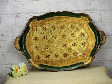 Large Italian Mid Century Hollywood Regency Florentine Serving Tray Green Gold