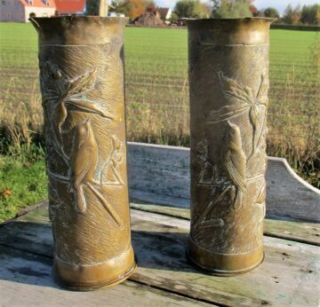 Pair of Shell Casing trench Art Vases Brass Ornate WWI French Birds Amities