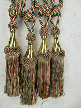 vintage pair couple Curtain Tie backs Tassel Rope Cord Brass Trim Colored Fabric