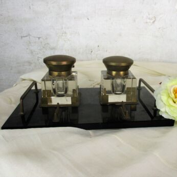 Antique Art Nouveau Art Deco Desk Double Inkwell Marble Bronze Glass Gorgeous