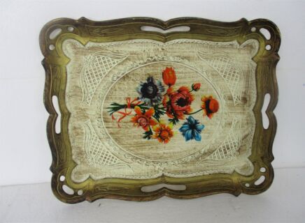 Mid Century Italian Hollywood Regency Florentine Style Serving Tray Plastic Resin Decoration Ornate Flowers