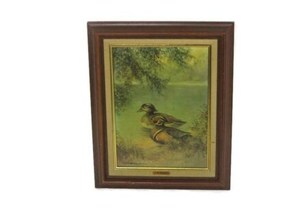 Small Oil Painting on Canvas Framed Signed G. Neswadba Ducks pond 1978