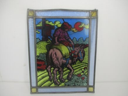 Vintage Stained Leaded Glass Art Panel Farmer On Donkey Windmill