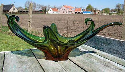 Green Brown Murano Centerpiece Bowl Hand Blown Fruit Dish Beautiful Art Glass