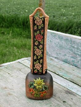 Vintage Authentic small bell Cowbell Folklore Red Copper Flowers