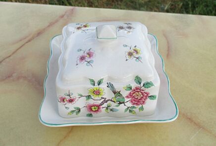 Vintage Butter Dish Chinese Rose Old Foley made in England Flowers Birds