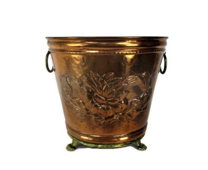 Large Planter Vintage Red Copper Kettle Decorative Lion Head Handles, Lion Feet