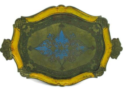 Mid Century Italy Hollywood Regency Florentine Serving Tray Green Yellow Blue Gold Resin