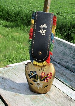 Vintage Authentic Swiss Cowbell Suen Rustic Bell Strap hand Painted Flowers