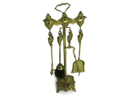 Gothic Superb Brass Fireplace Set Tools Vintage 4 Pieces Mythical figures Birds