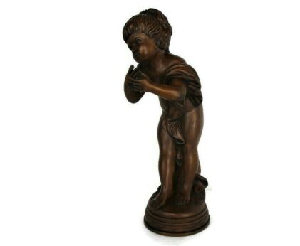 L Hand Carved Wood Statue Little Boy Cherub Putti Signed De Hondt Willy piece of art Figure