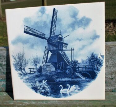 Vintage Blue White Ceramic Tile Windmill Swans Van Munnik Mosa Holland