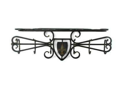 Antique French Wrought Iron Coat Hat Wall Rack Gothic Fleur de Lis Lys Shield