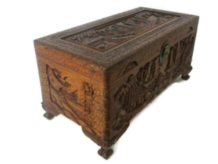 Large Hope Chest Chinese Asian Sailing Boats, Hand Carved Wood Bridal Box Coffee table