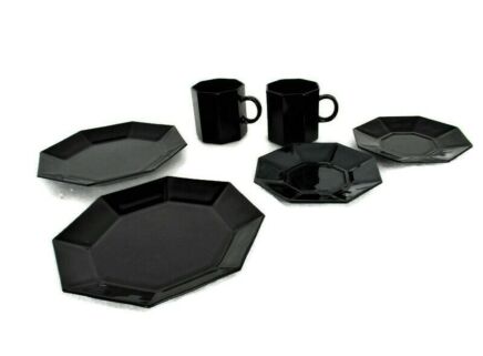 Breakfast for two Vintage Retro Arcoroc Octagon Octime Black Kitchenware set  6 pieces France