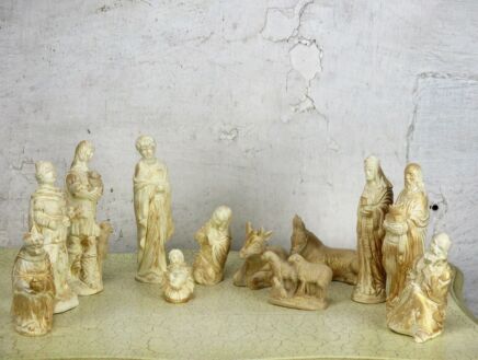 Vintage Nativity set Plaster Christmas 12 pieces Gold Paint Retro Shepherds