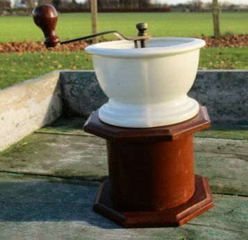 antique authentic Coffee Grinder Ceramic Porcelain Wood