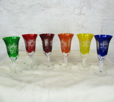 6 Champagne Glasses Goblet Hock cut to Clear Etched Star Crystal Multicolor HTF