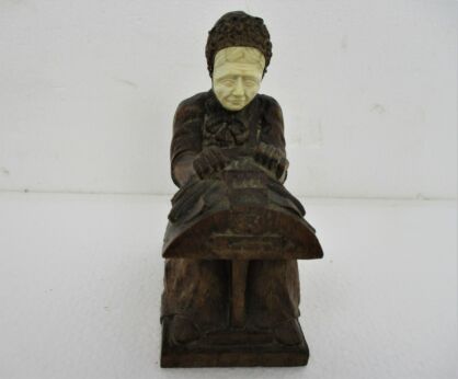 Hand Carved Wooden Statue Woman Bruges Brugge Lace Maker Folk Art Exquisite Face