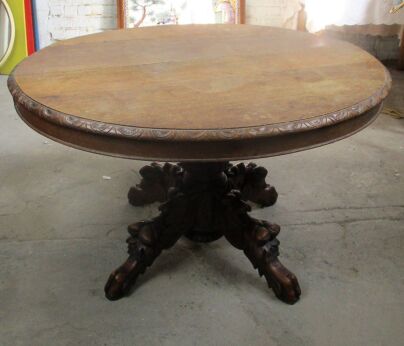 Antique French Round Dining Table Henry II Dragon Legs Hunt Carved Wood