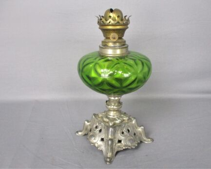 Antique L&B LB oil lamp Brass Lempereur et Brevette Belgium Authentic Green Glass Spelter ornate base