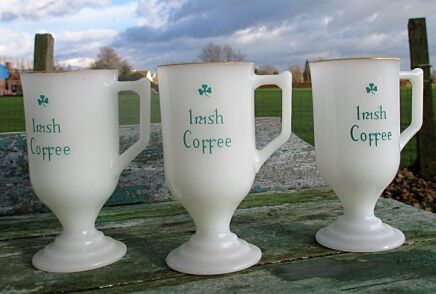 Set of 3 Irish Coffee Glasses Milk Glass Golden rim Shamrock