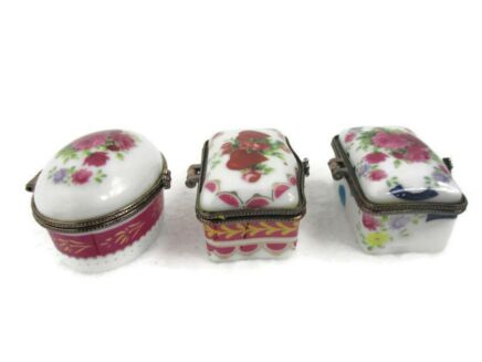 set of 3 Romantic Pill jewelry Trinket Boxes Hinged Lovely Marked Crown over J Flowers