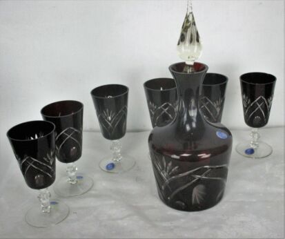 crystal Decanter set with 6 shot glasses Amethyst cut to clear Buzau Perla lux