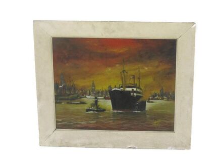 Oil Painting Framed Antwerp Flanders Harbor Boats Ships Signed De langhe 1972