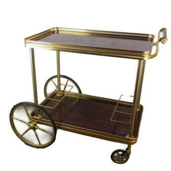 Ornate Bar Cocktail Tea Cart Trolley Mid Century Modern Brass Wood Veneer WOW