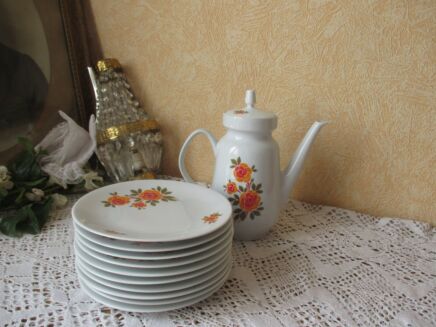 Bavaria Jaeger & Co Vintage Retro Teapot Coffeepot 10 Plates Orange Flowers