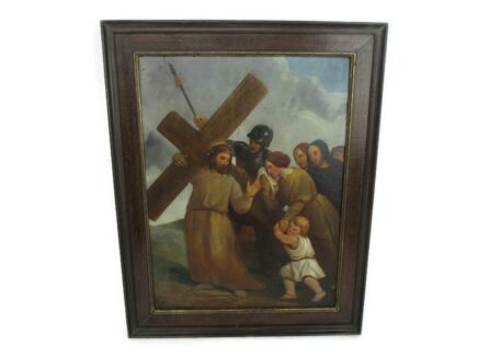 Painting Oil on Wood Framed Jesus Christ Savior Crucifixion Golgotha Angels Roman Soldiers