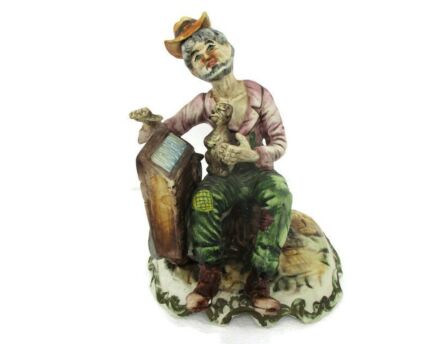 Vintage Capodimonte Figurine Street Music Organ Man with Monkey Enjoying Life Signed Italy Porcelain