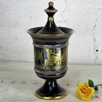 Vintage Handmade Cobalt Blue Gold Colored Greek Candy Dish Centerpiece Lidded