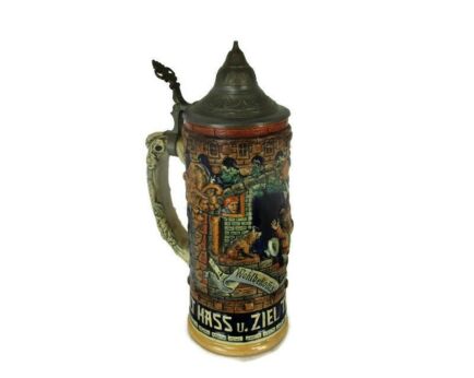 L Vintage German Beer Stein Pewter Lid NIe zu Viel